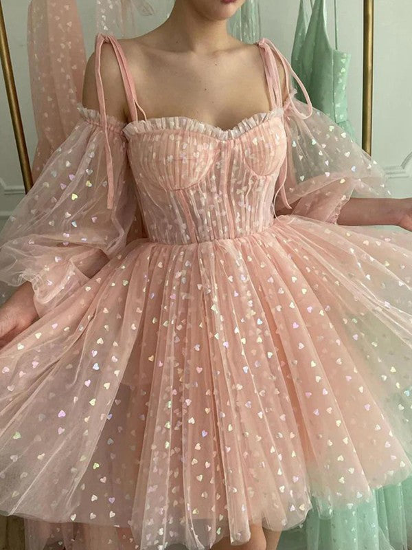 Vestidos cortos/mini de corte A/princesa con volantes y tirantes finos y mangas largas